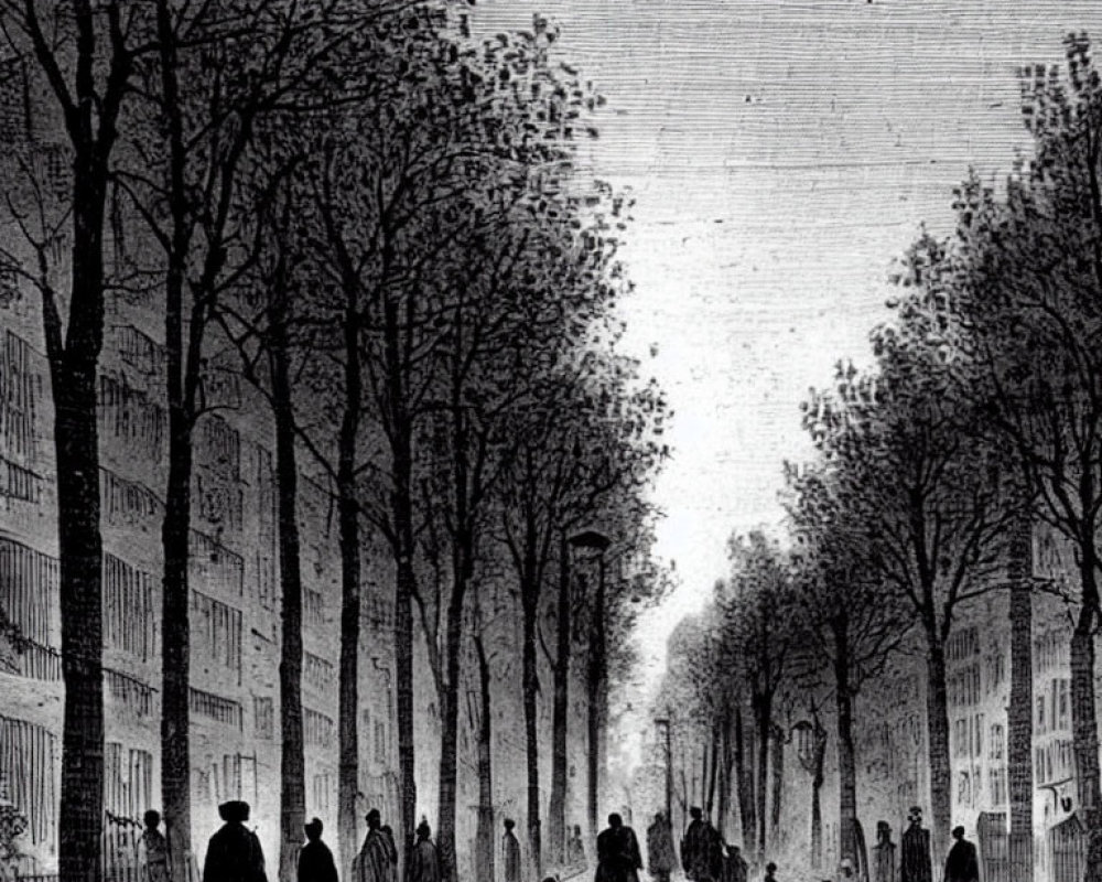 Vintage Black and White Illustration of People Walking in Tree-Lined Boulevard