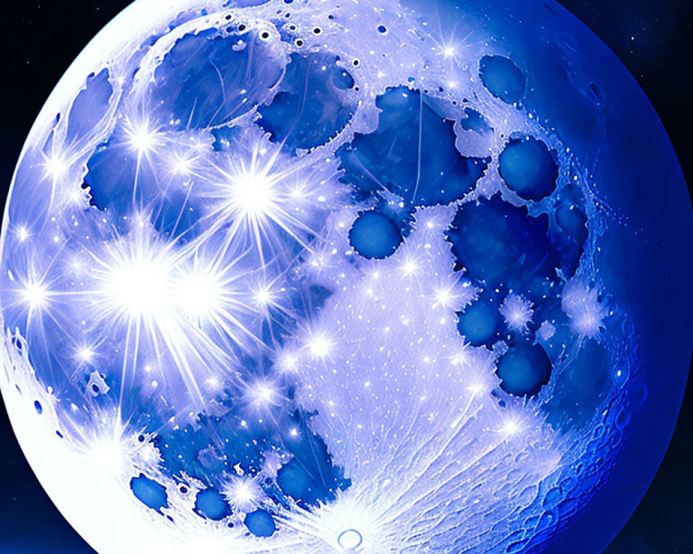 Celestial moon painting in shades of blue and white with craters and star-like flares