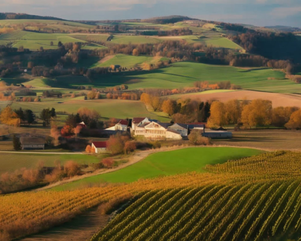 Tranquil rural landscape with rolling hills and village under golden light