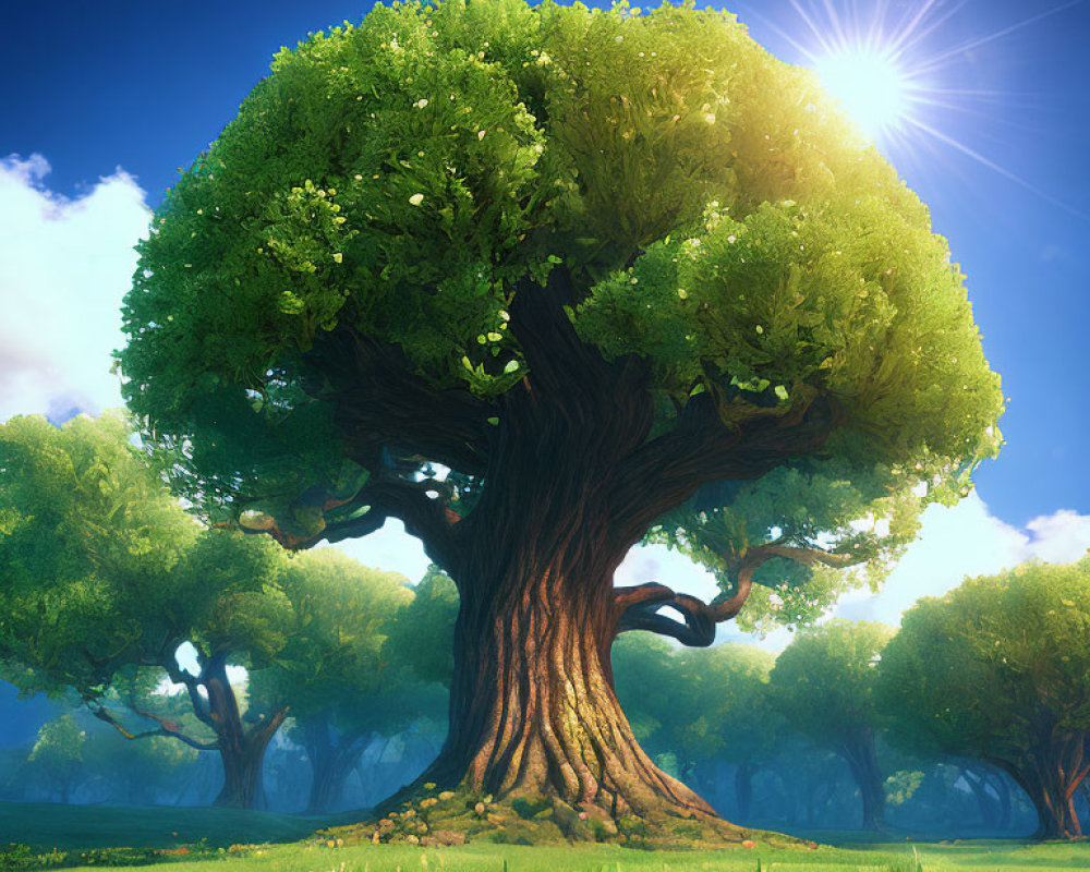 Majestic tree with thick trunk and lush green canopy in serene woodlands