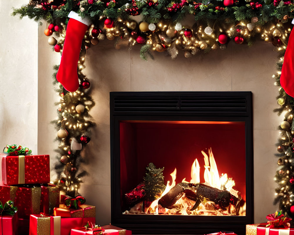 Festively Decorated Fireplace with Stockings and Christmas Gifts