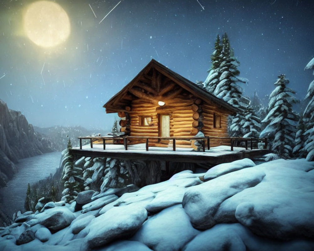 Snowy cliff log cabin with pine trees under full moon