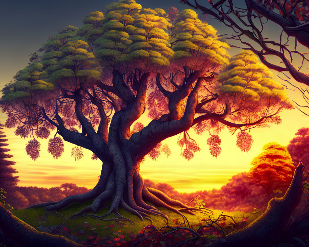 Majestic tree with thick trunk and lush canopy in warm sunset glow