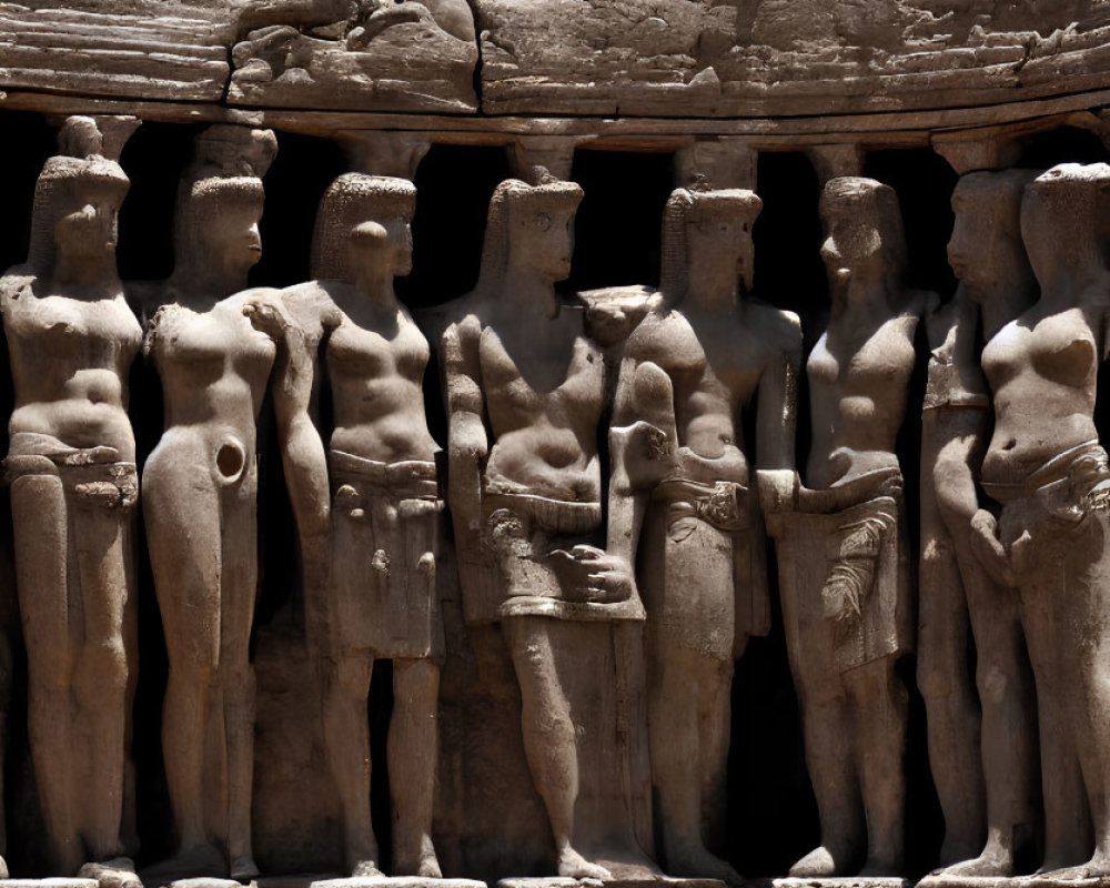 Ancient relief of carved male figures on weathered stone wall