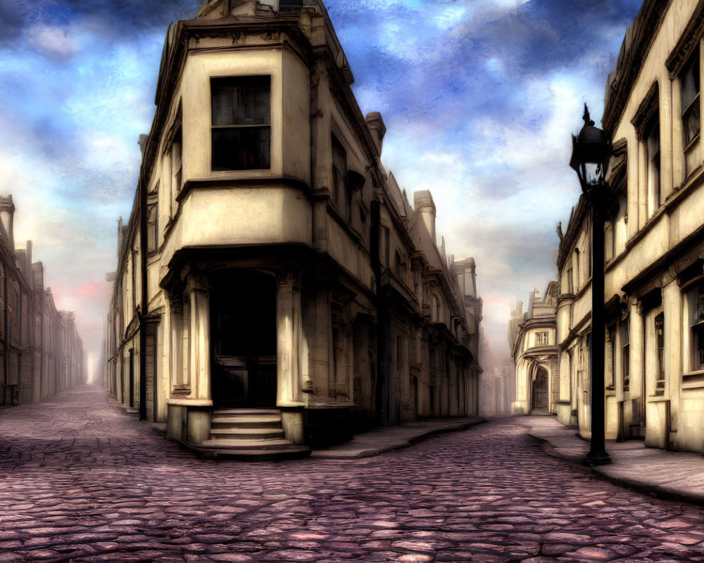 Historic cobblestoned street in old-fashioned town with street lamps and historic buildings under hazy