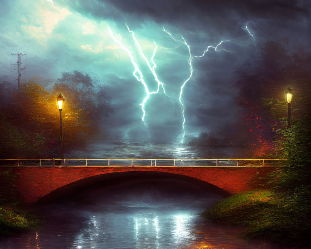 Stormy Sky Over Red Brick Bridge with Lightning Striking