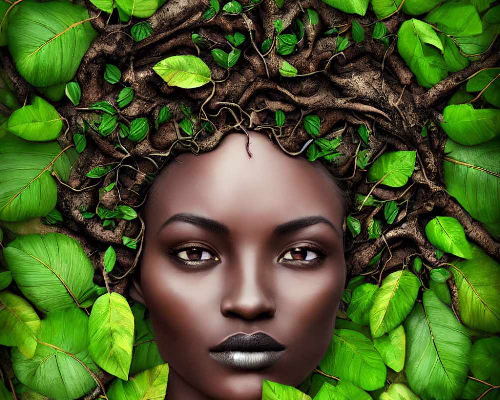 Digital artwork of woman with tree branches and leaves in hair symbolizing nature connection