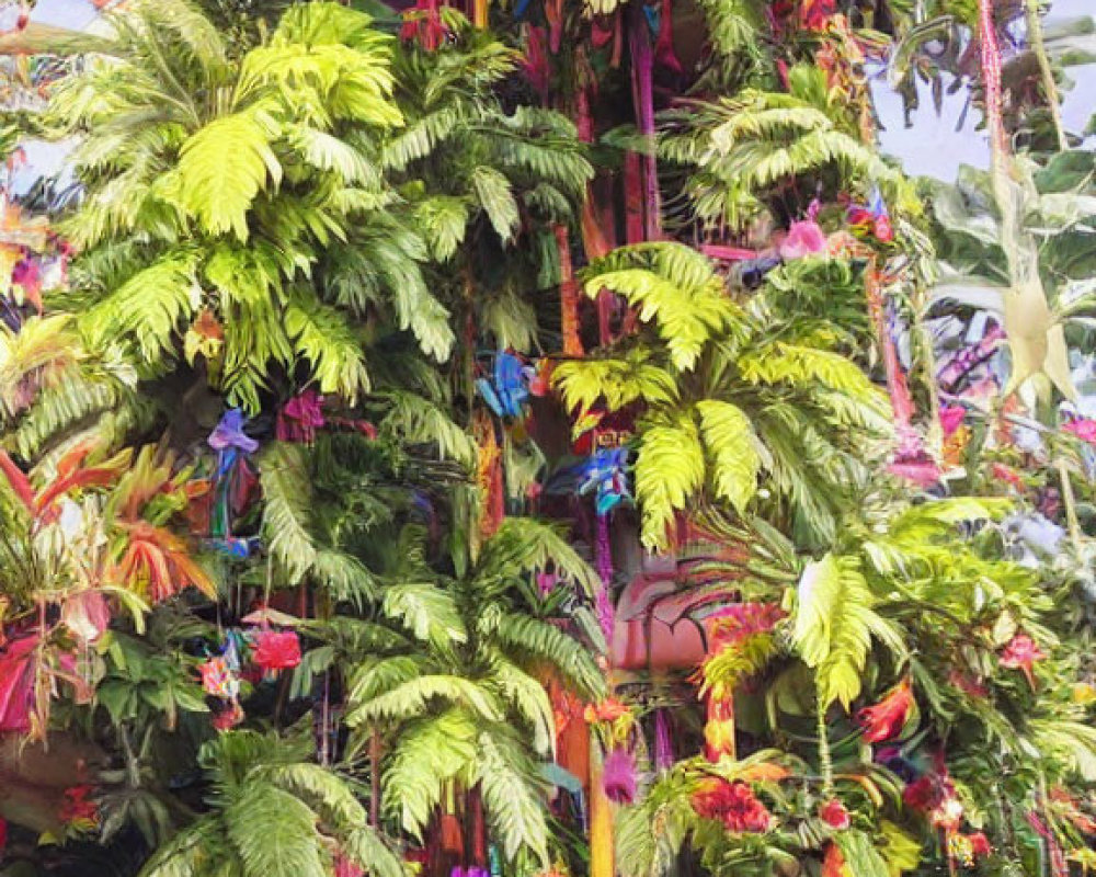 Colorful ribbons adorn lush green tree in vibrant image