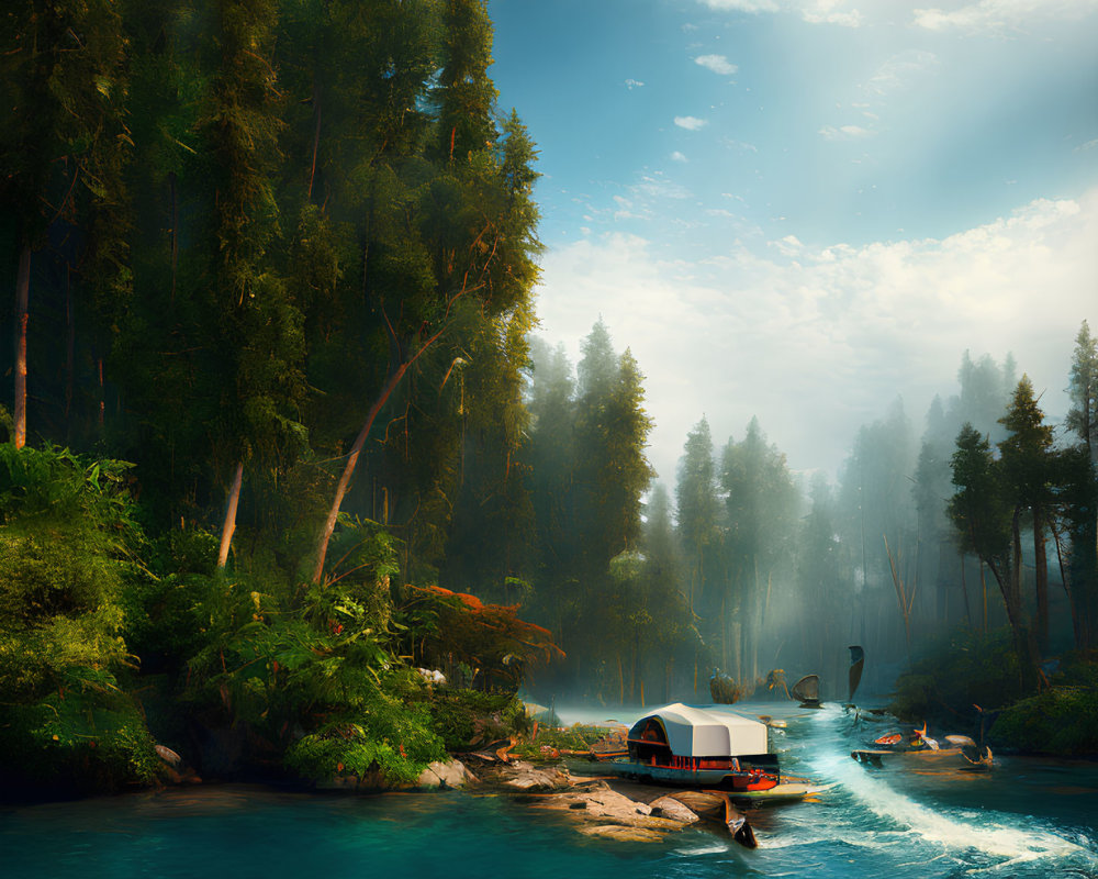 Tranquil river with kayakers in misty forest and campsite by lush greenery