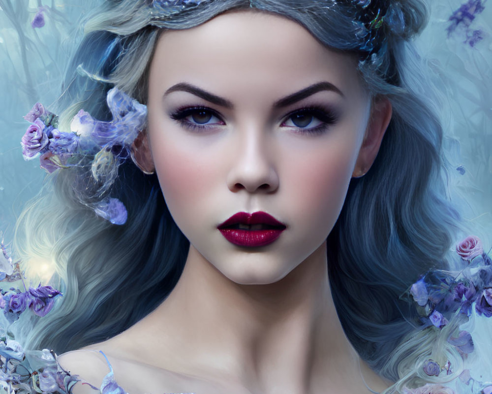 Digital illustration of woman with porcelain skin and purple flowers, against floral backdrop