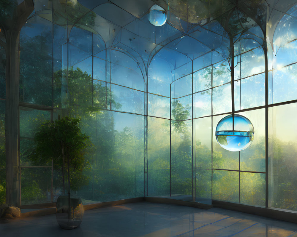 Sunlit Greenhouse with Curved Glass Ceiling and Hanging Planters