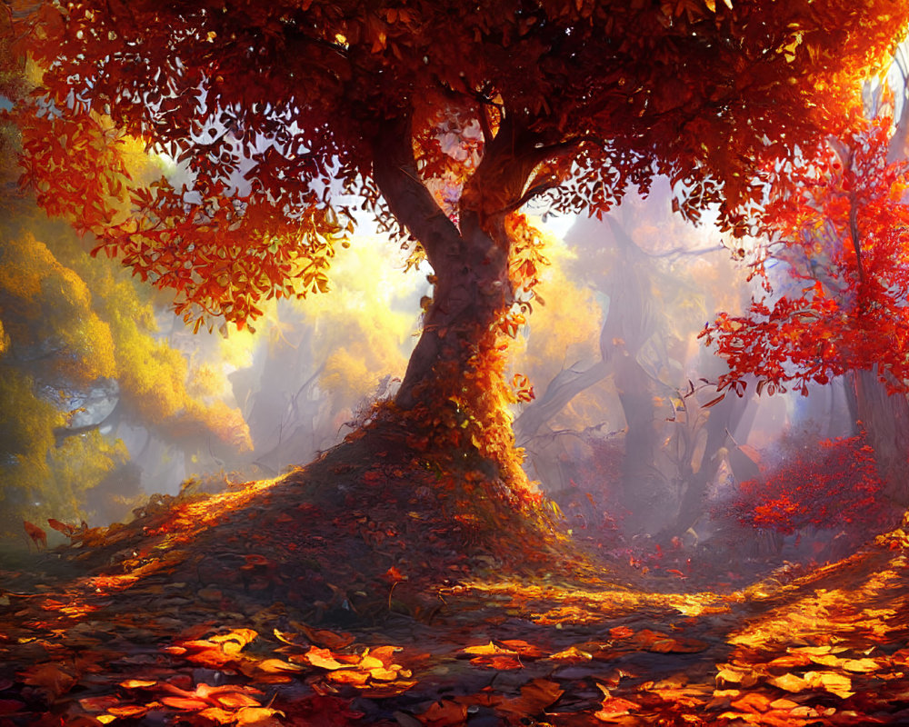 Vibrant Autumn Forest with Sunlight and Fallen Leaves