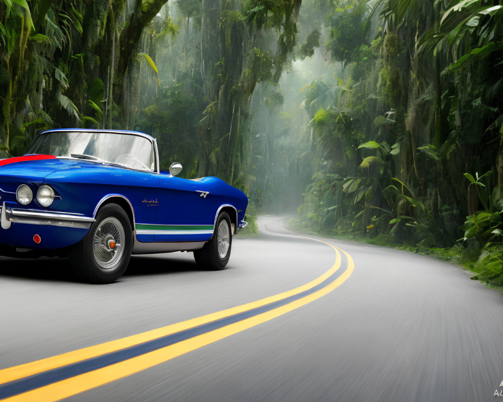 Blue vintage convertible car on winding road in lush green rainforest