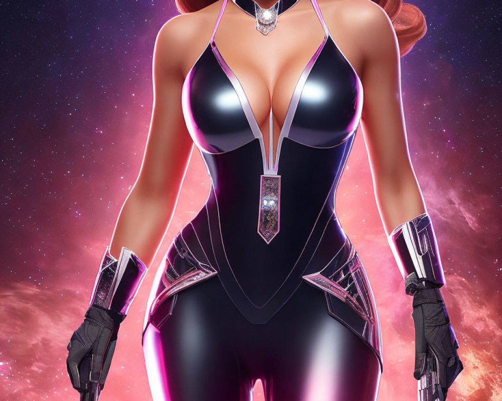 Futuristic digital artwork of red-haired female character in black and purple bodysuit