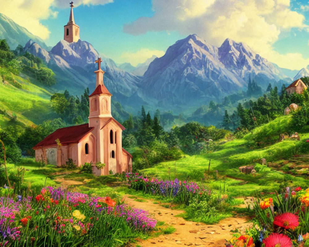 Countryside landscape with church, wildflowers, stone path, traditional houses, mountains