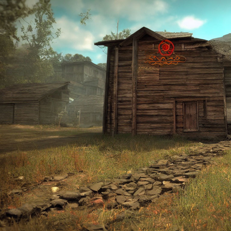 Rustic wooden buildings with mysterious symbol in overgrown clearing