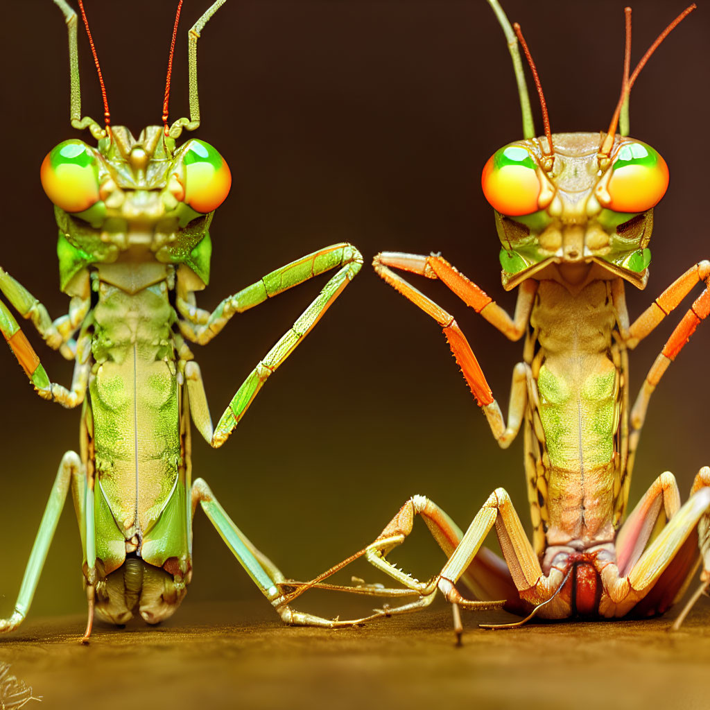 Colorful Praying Mantises Face Each Other on Warm Background