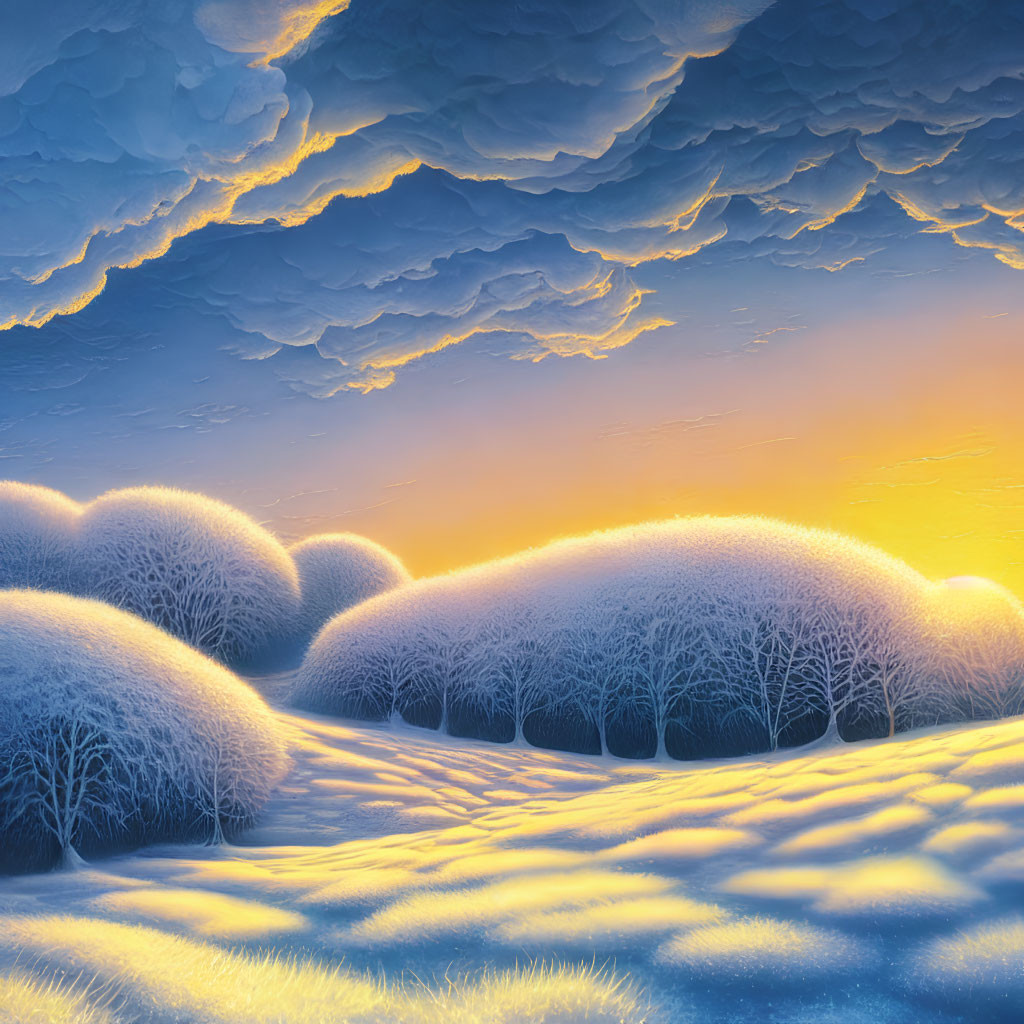 Snow-covered trees in serene winter sunset scene.