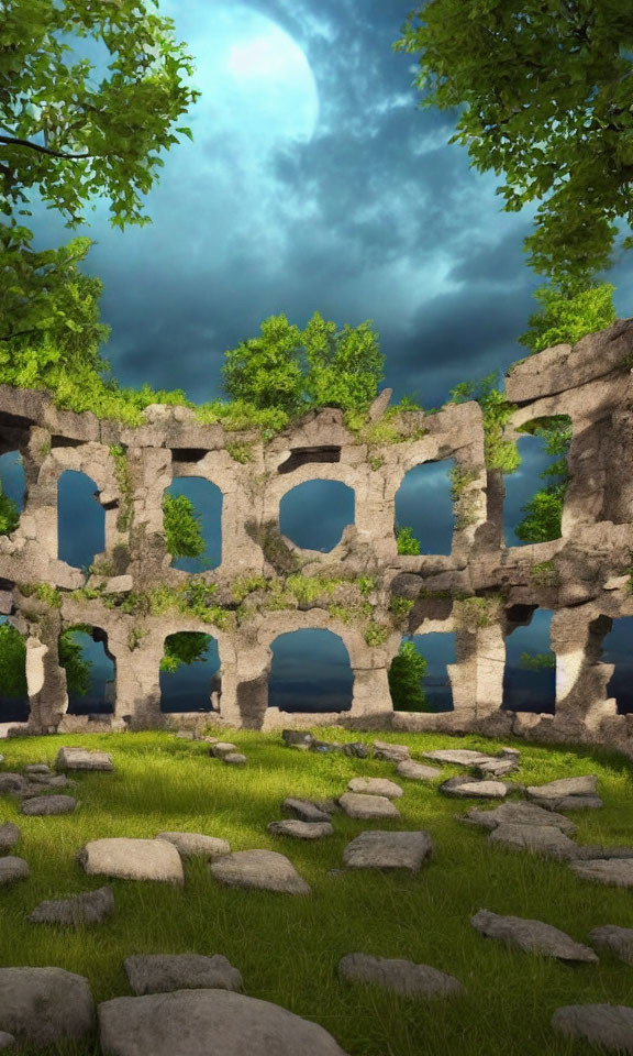 Ancient stone structure ruins with arches in moonlit scenery