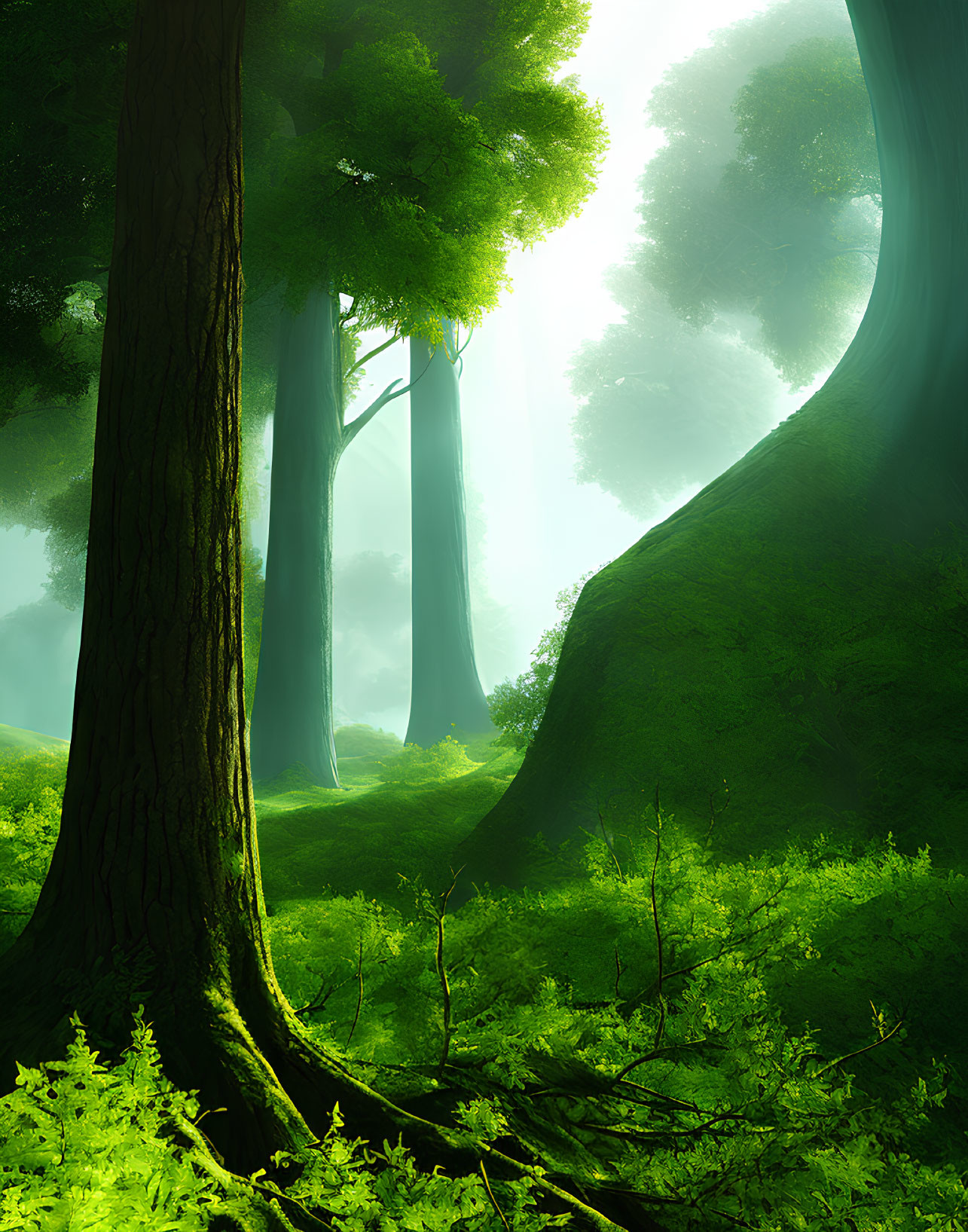 Lush Green Forest with Sunlight Filtering Through