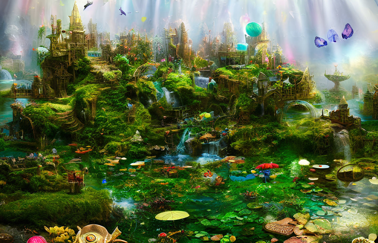 Fantasy landscape with floating islands, waterfalls, greenery, and oversized butterflies