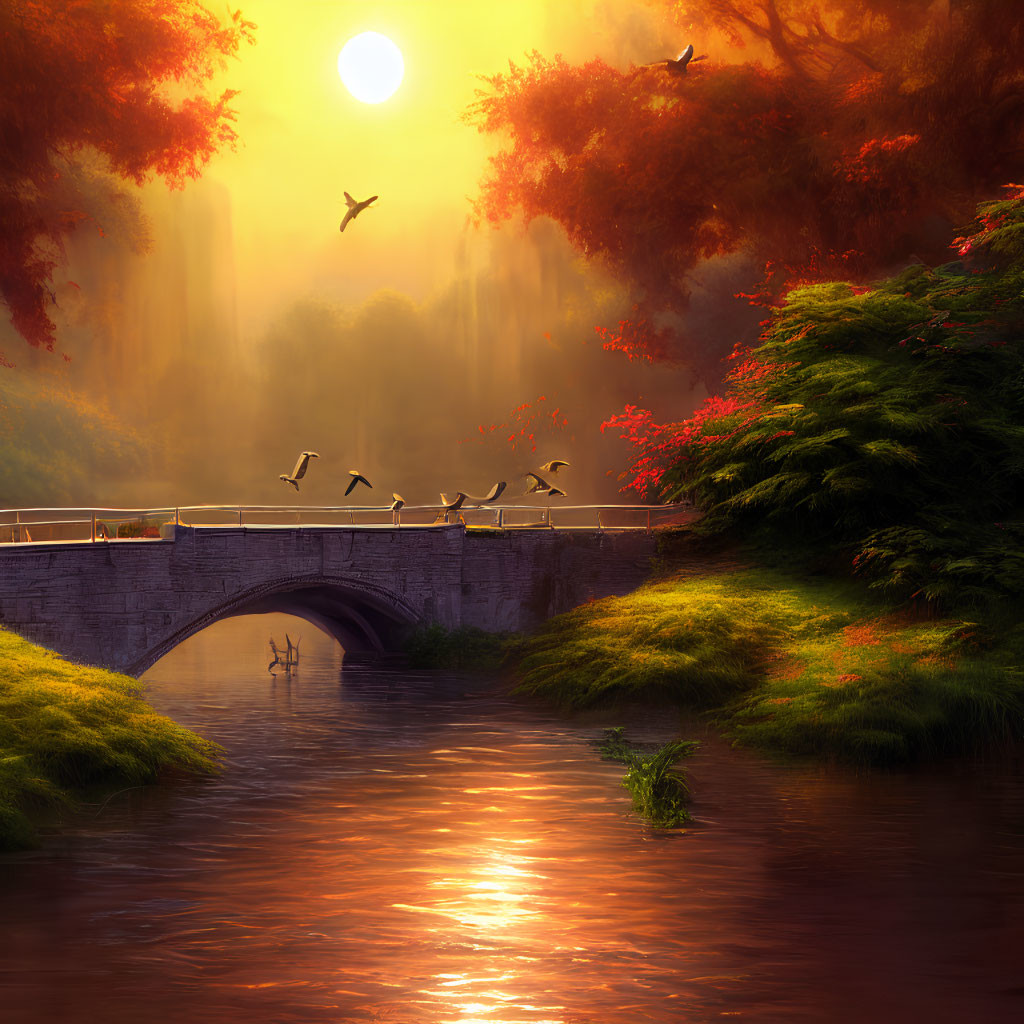 Tranquil sunset scene with birds, stone bridge, and autumn foliage