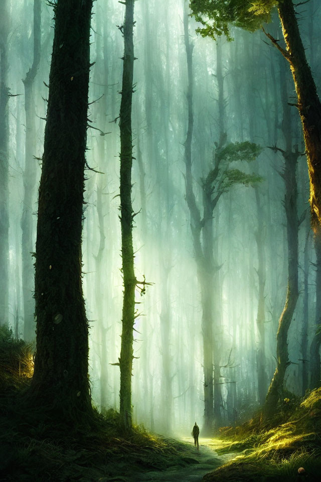 Person walking on sunlit path through mystical forest with towering trees