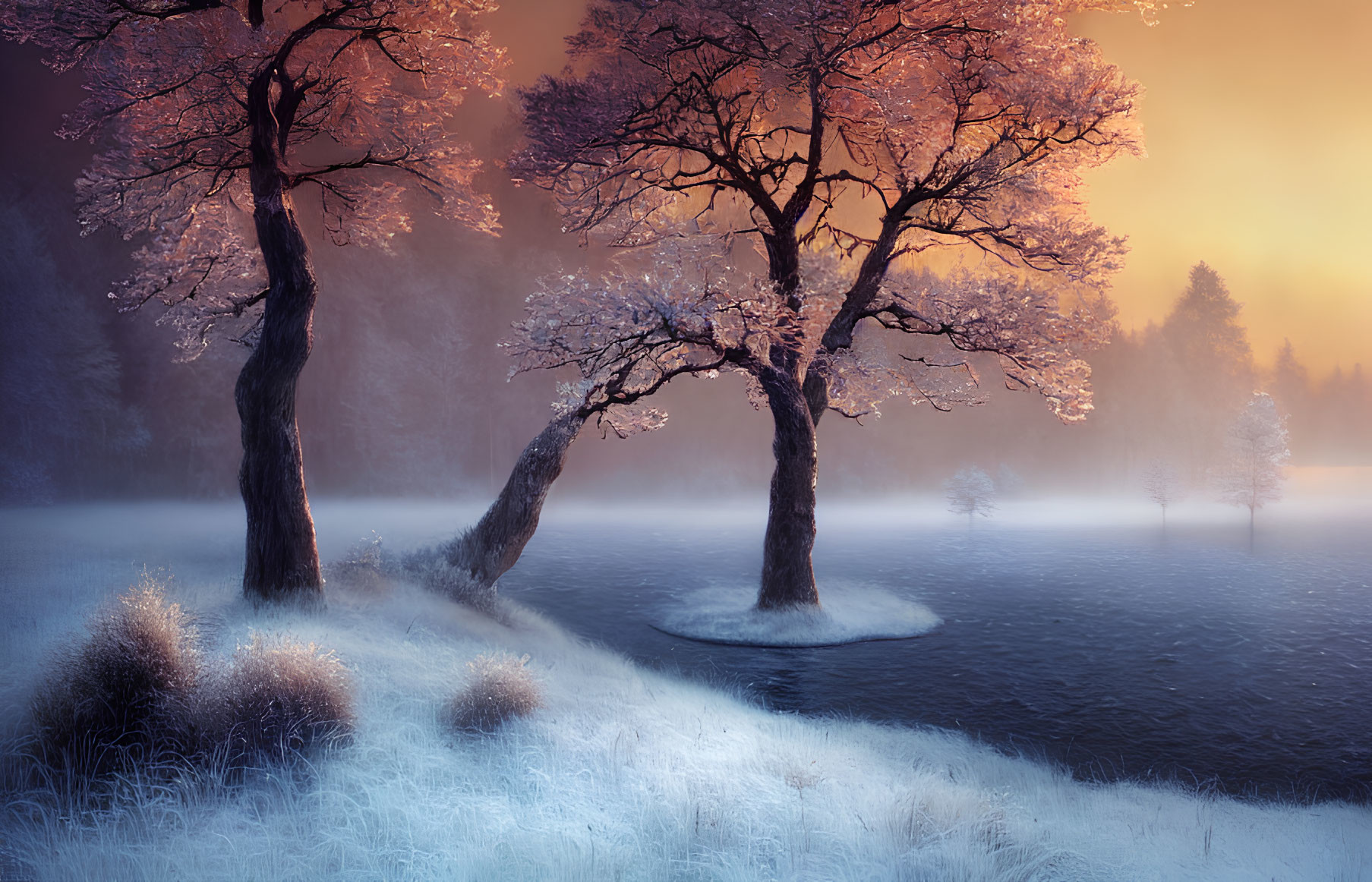 Snow-covered hill with bare trees in serene winter landscape