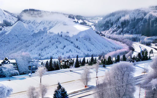 Snow-covered trees, curving road, buildings in winter landscape