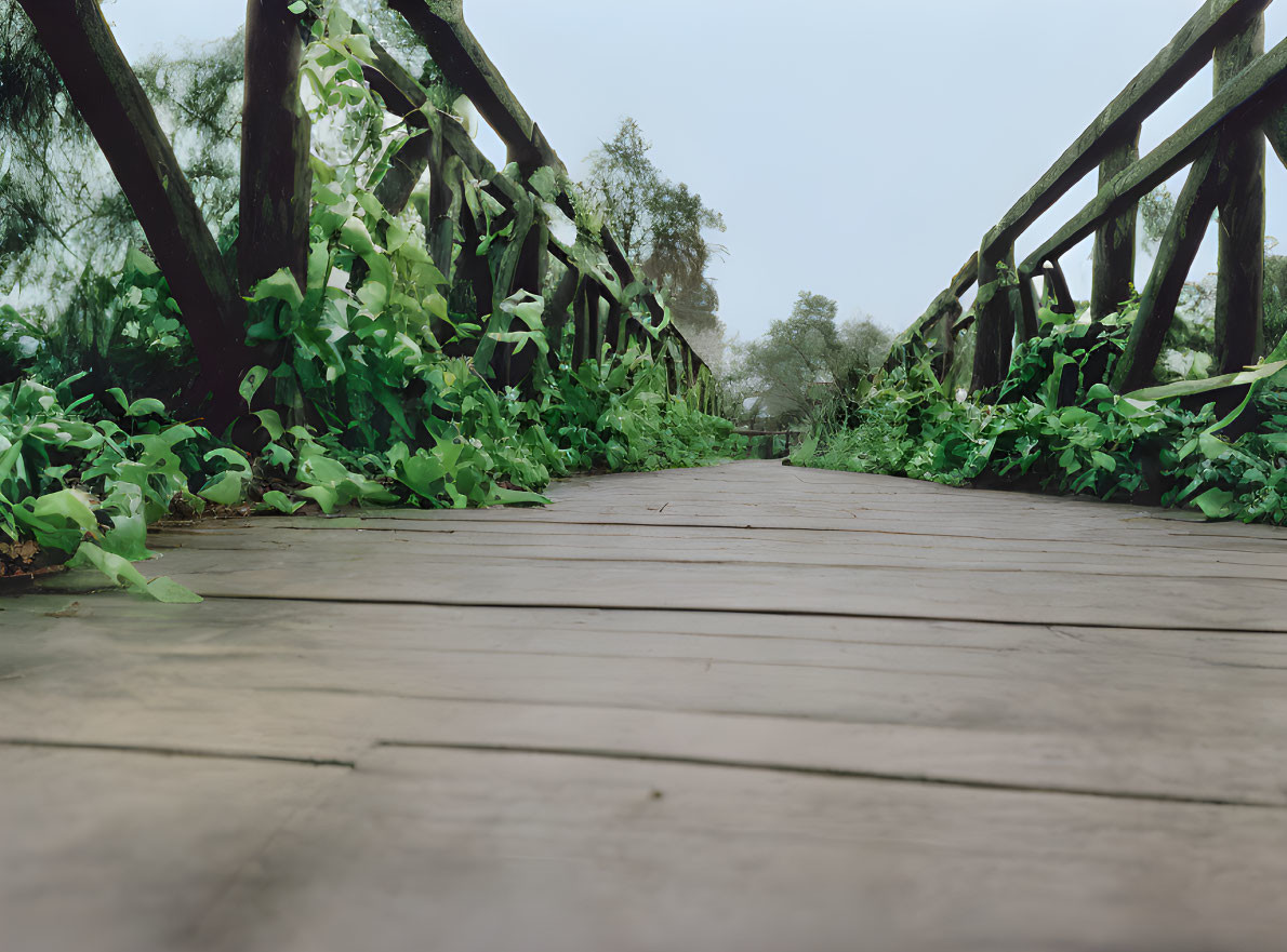 Wooden footbridge surrounded by lush greenery in misty setting