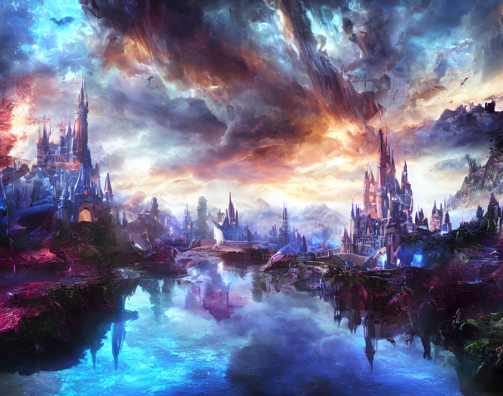 Vibrant skies, ethereal castles, and vivid architecture in fantastical landscape