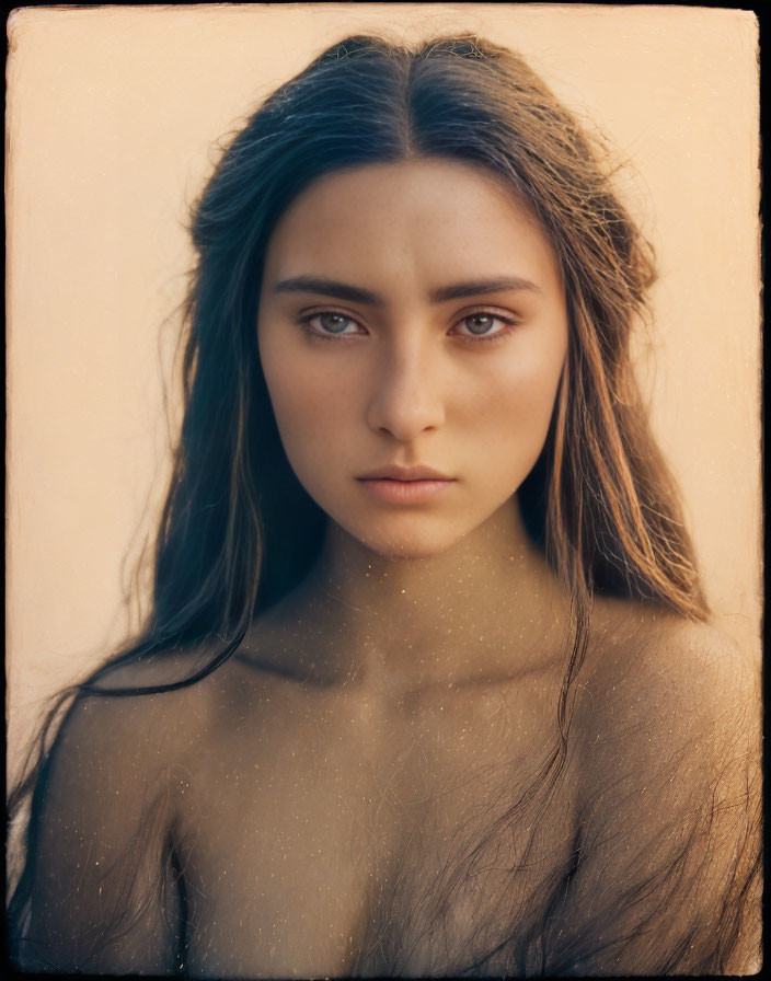 Vintage Portrait of Woman with Long Straight Hair and Intense Gaze