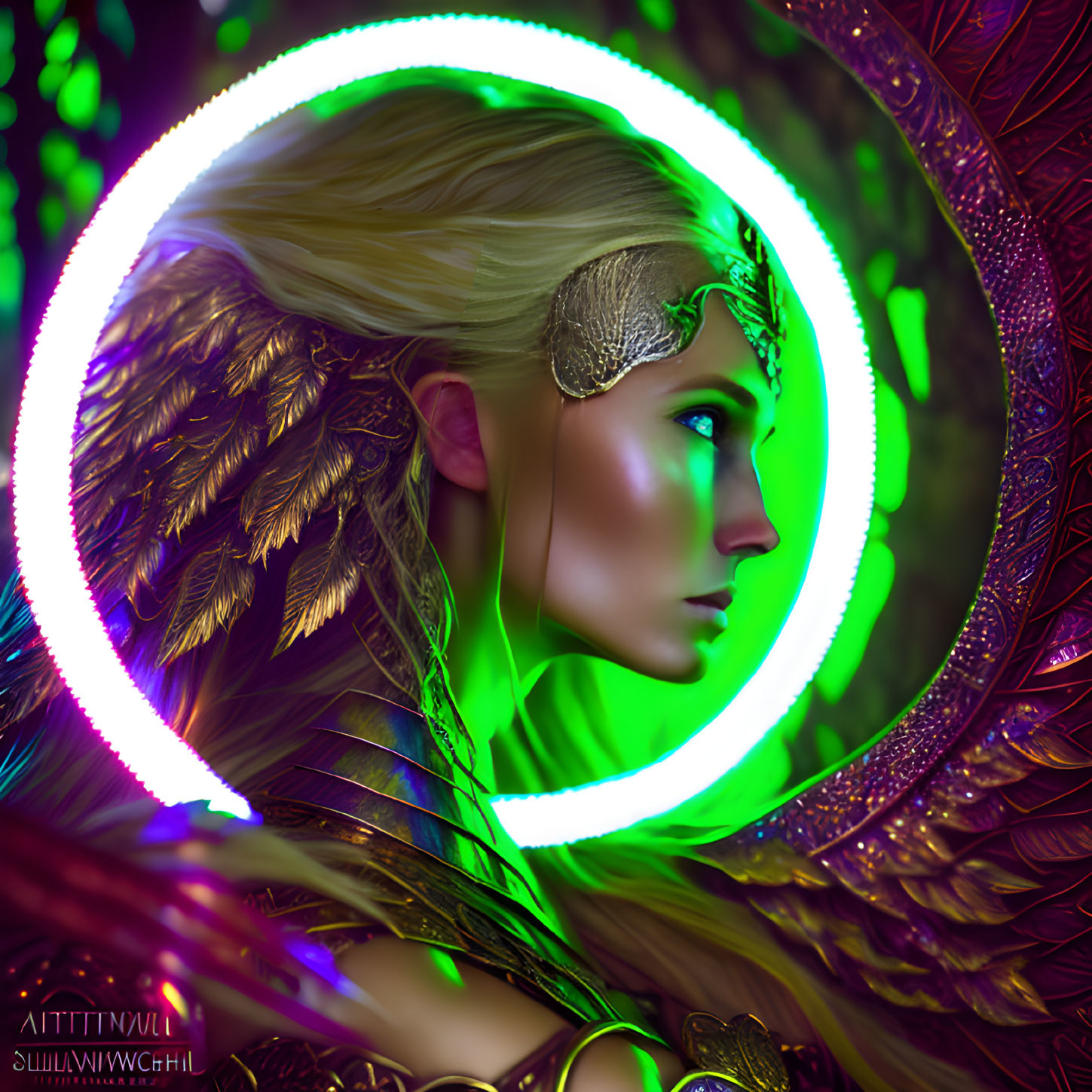 Ethereal woman in golden armor with feathered details and neon green glow