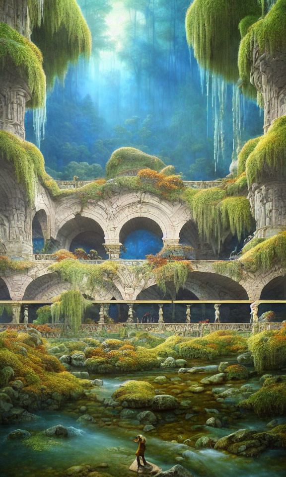 Ethereal forest scene with ancient bridges, moss-covered stones, serene river, and a person.