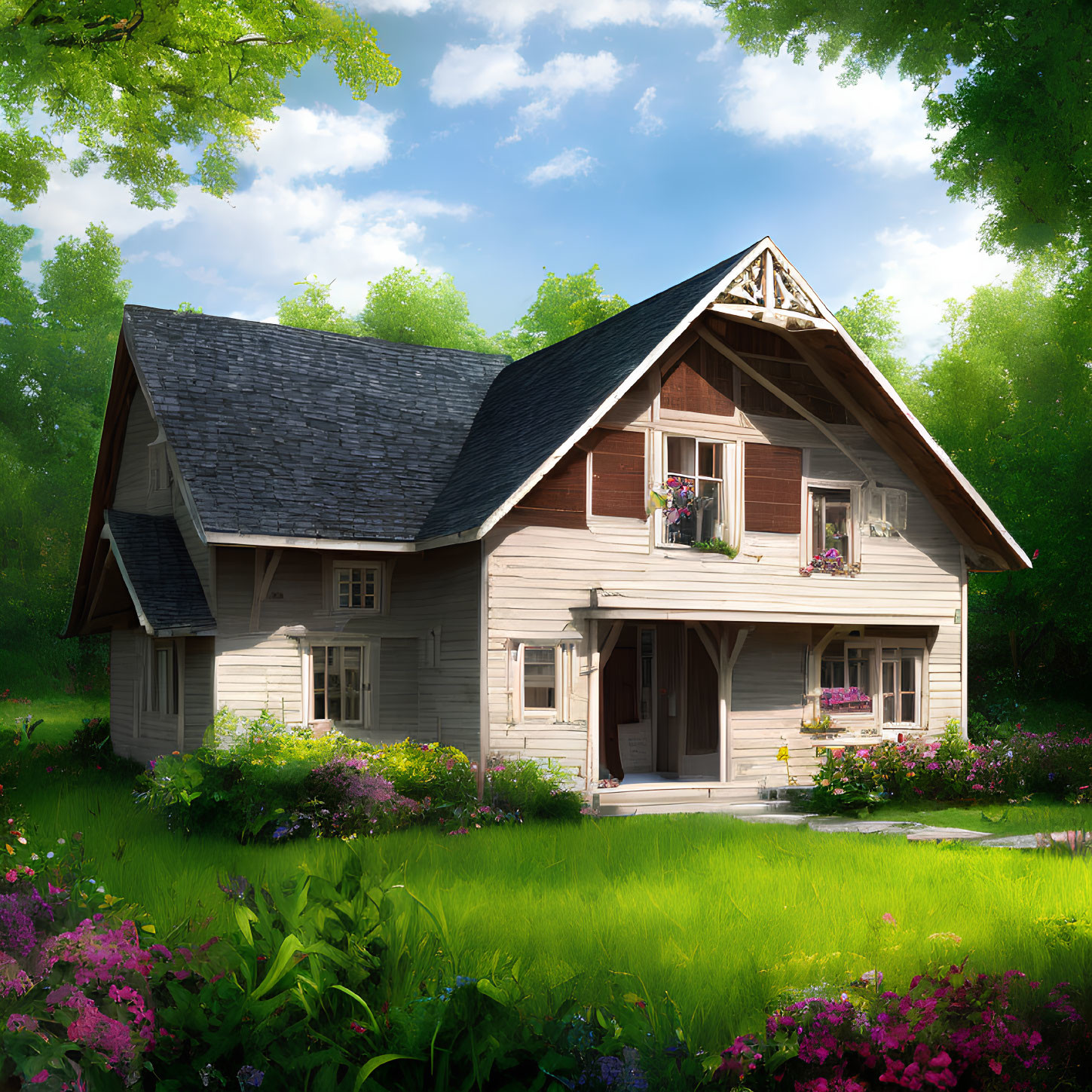 Charming two-story wooden cottage in forest clearing