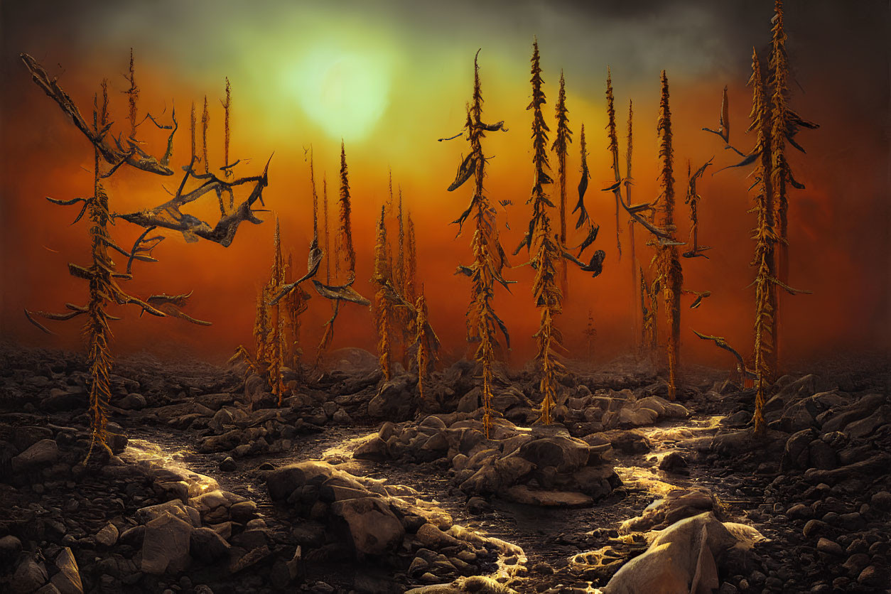 Barren Trees and Rocky Ground in Apocalyptic Landscape