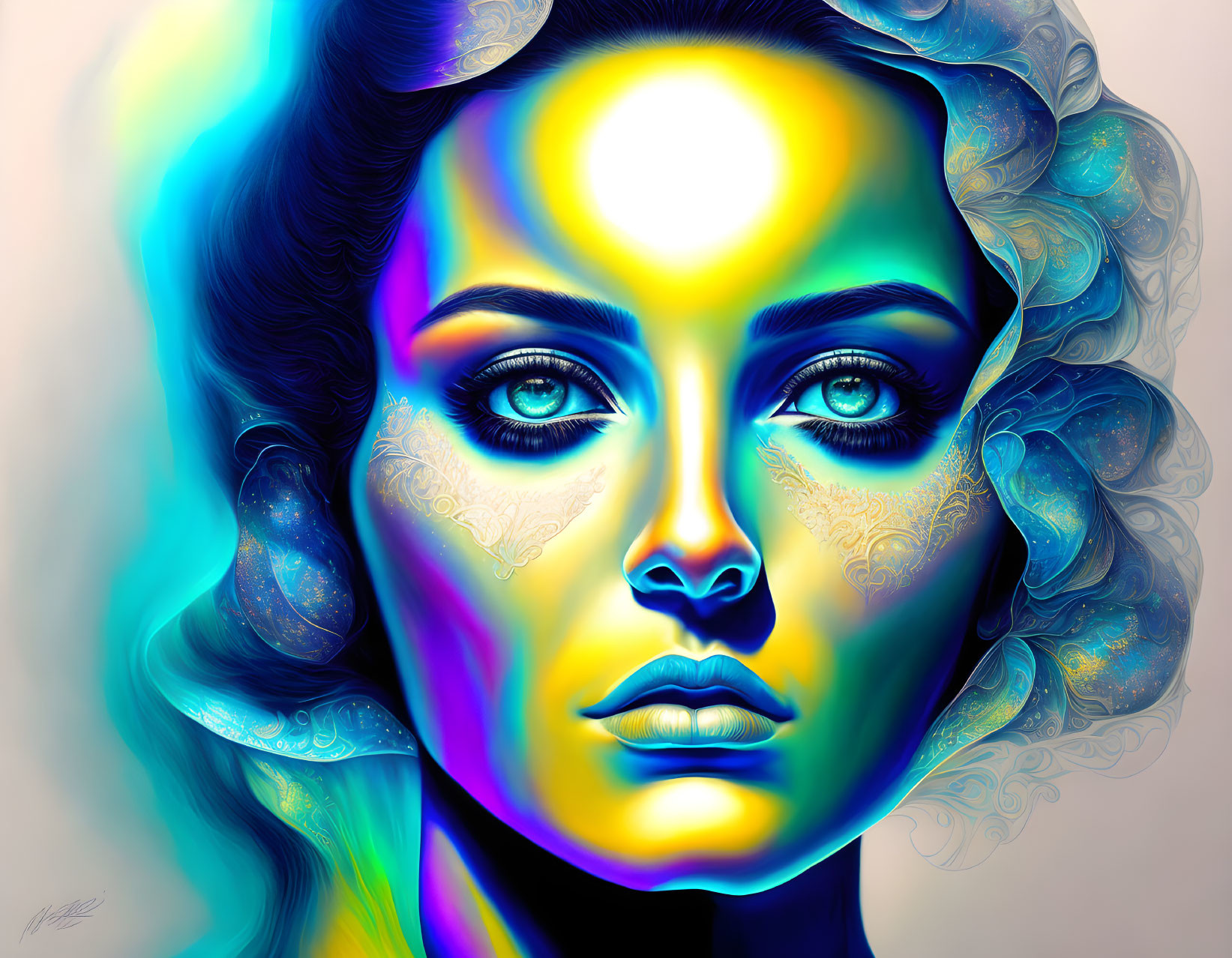 Vibrant digital artwork: Woman with luminous orb, intricate skin patterns, pastel background