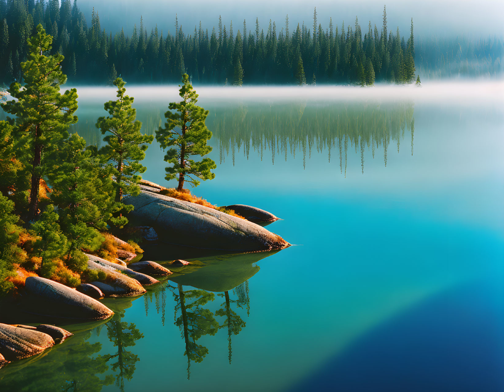 Tranquil Lake Scene with Misty Forest and Rocky Shore