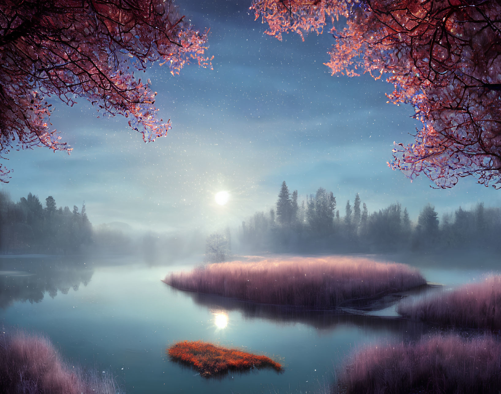 Tranquil lake at sunrise with pink blossomed trees and misty forest under starry sky