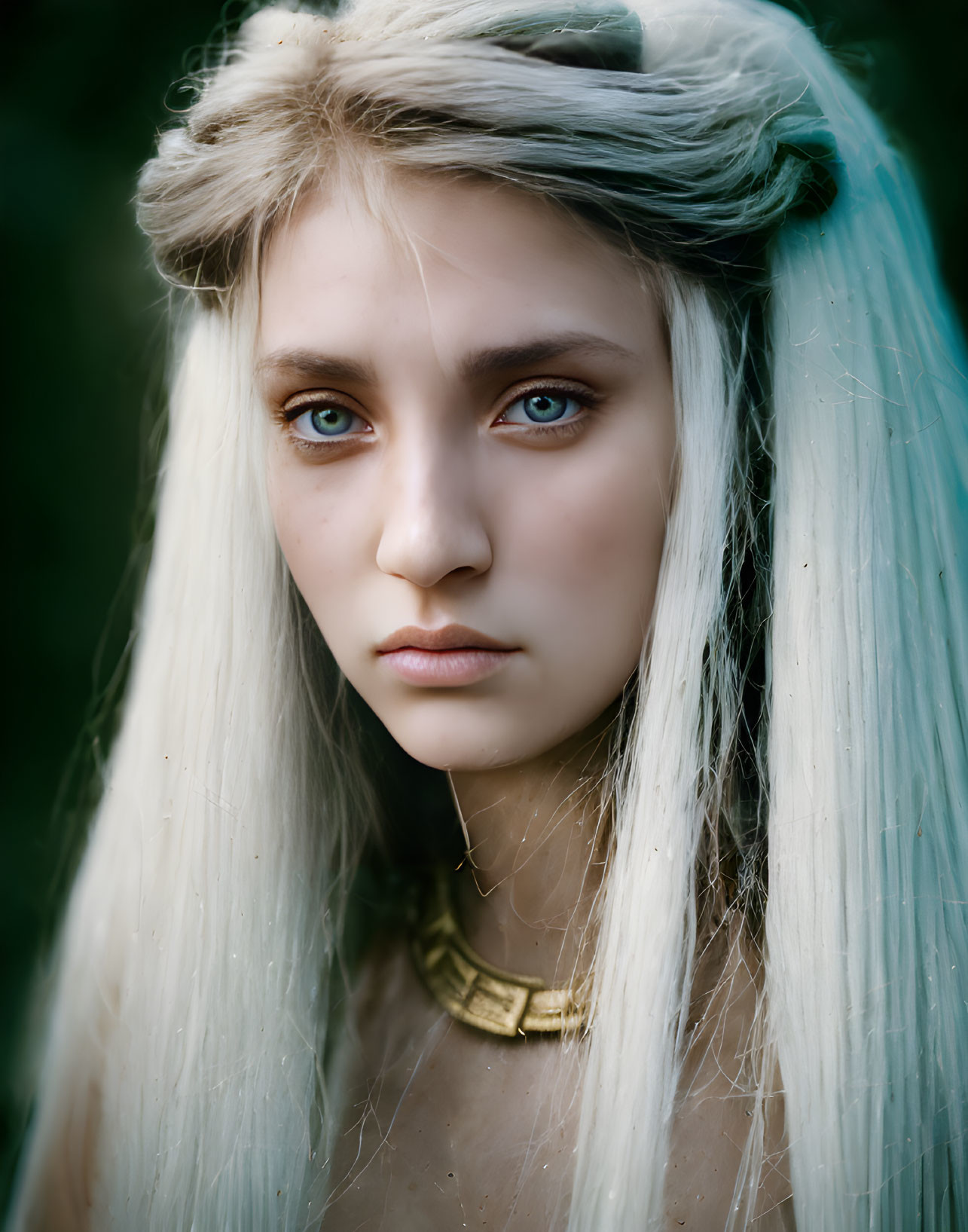 Young woman with blue eyes and white hair portrait against green background