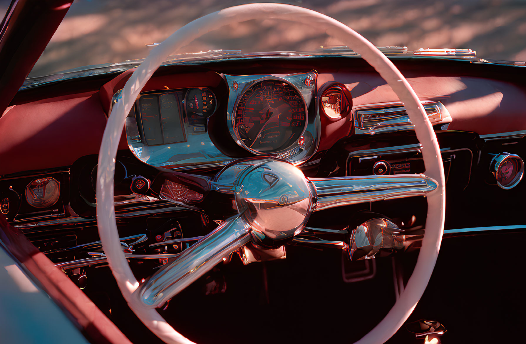 Classic Vintage Car Interior with Shiny Steering Wheel and Chrome Dashboard Details