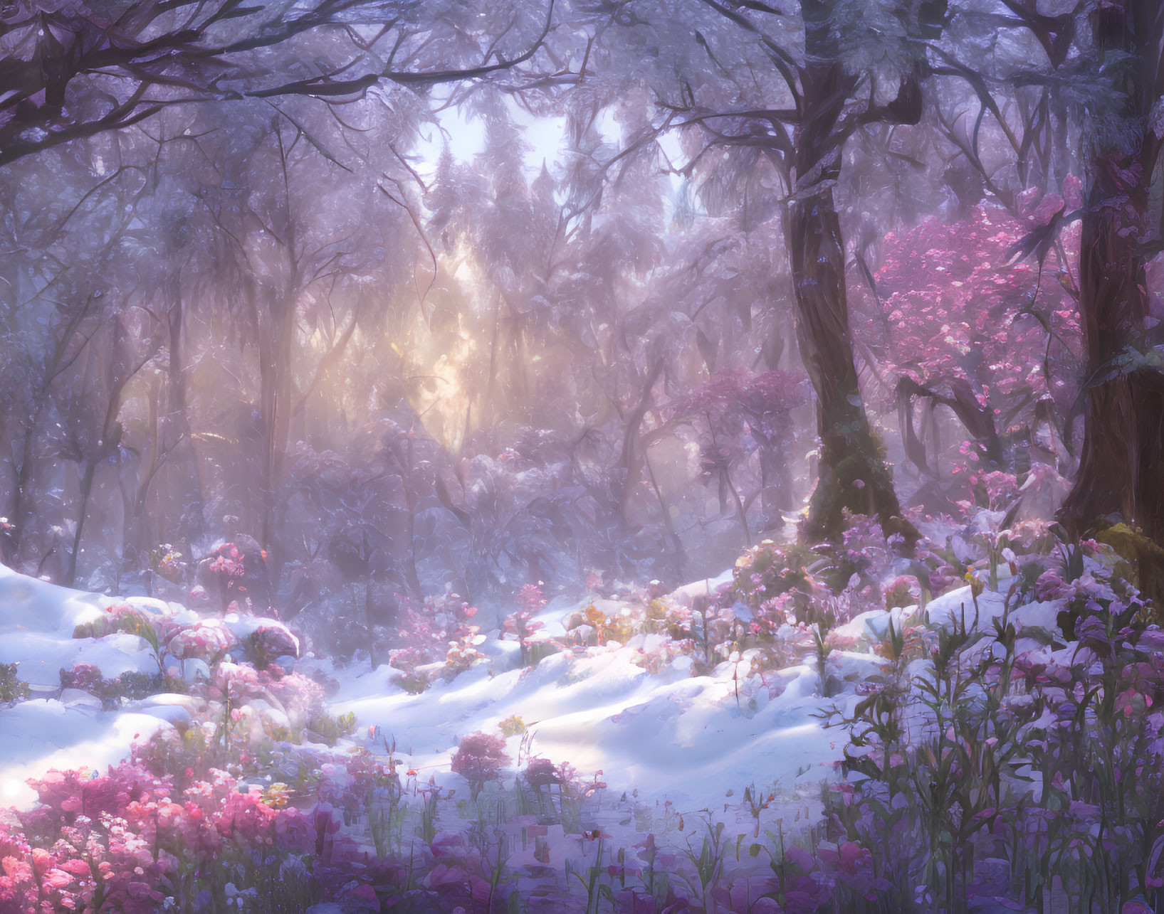 Serene forest scene with sunlight, fog, colorful flowers, and snow patches