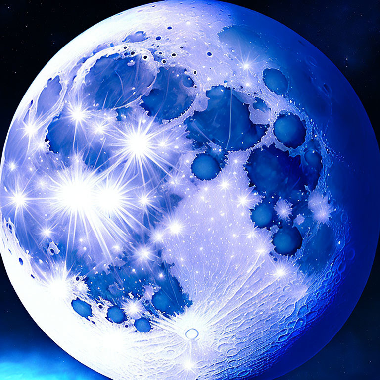 Celestial moon painting in shades of blue and white with craters and star-like flares