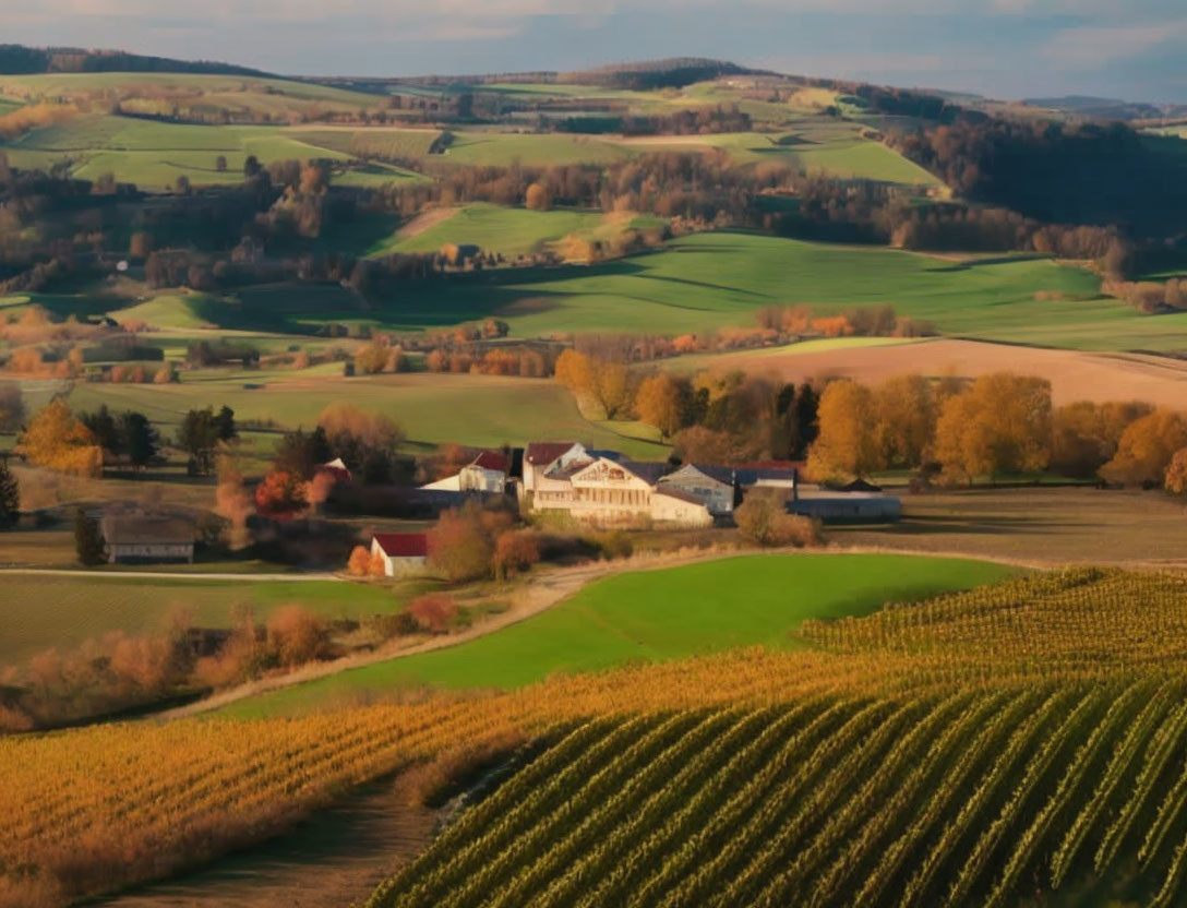 Tranquil rural landscape with rolling hills and village under golden light