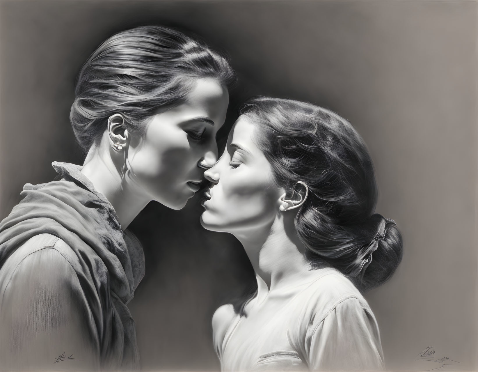 Monochrome digital art of two women in a tender moment