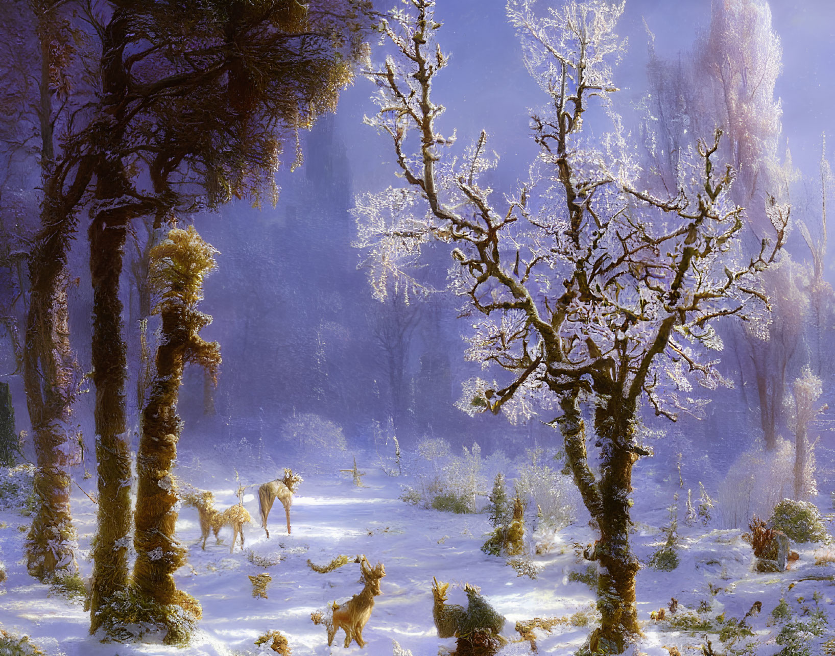 Snowy Winter Forest Scene with Deer and Glowing Light