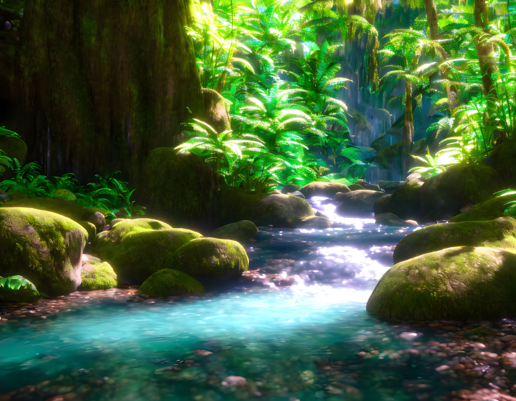 Tranquil forest stream with lush greenery and sunlight filtering through dense foliage