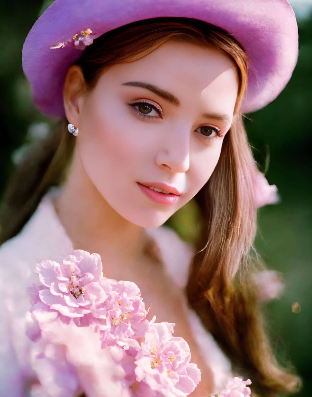 Woman with Long Hair in Purple Hat Surrounded by Pink Flowers and Nature Backdrop