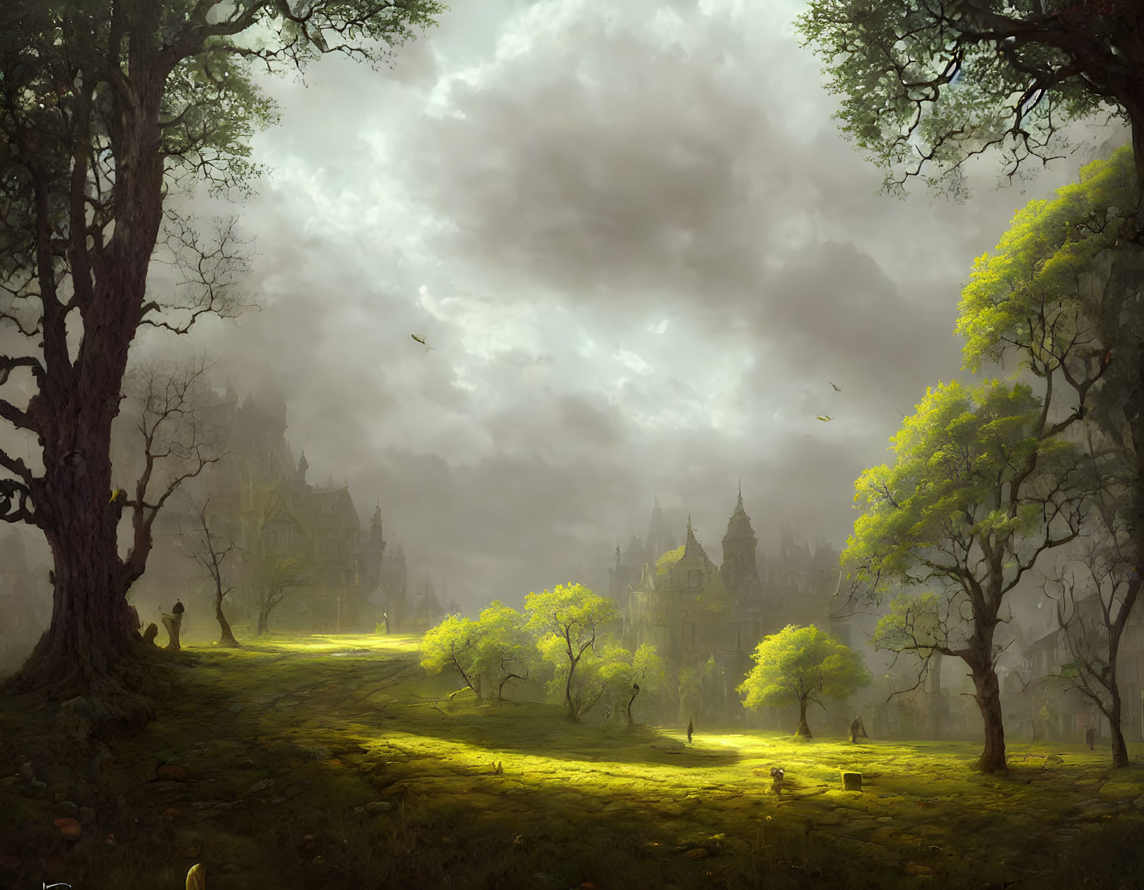 Mystical landscape with sunlit greenery, grand castle, towering trees, dramatic clouds, and