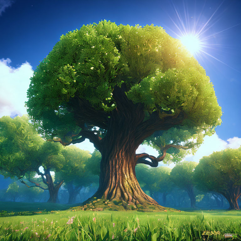 Majestic tree with thick trunk and lush green canopy in serene woodlands